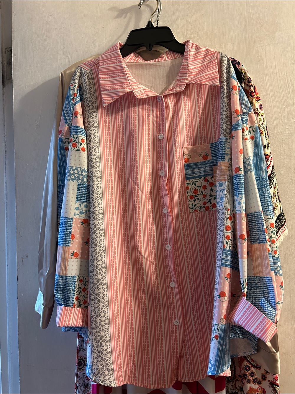Pink Striped Button-Up Shirt with Patchwork Floral Accents